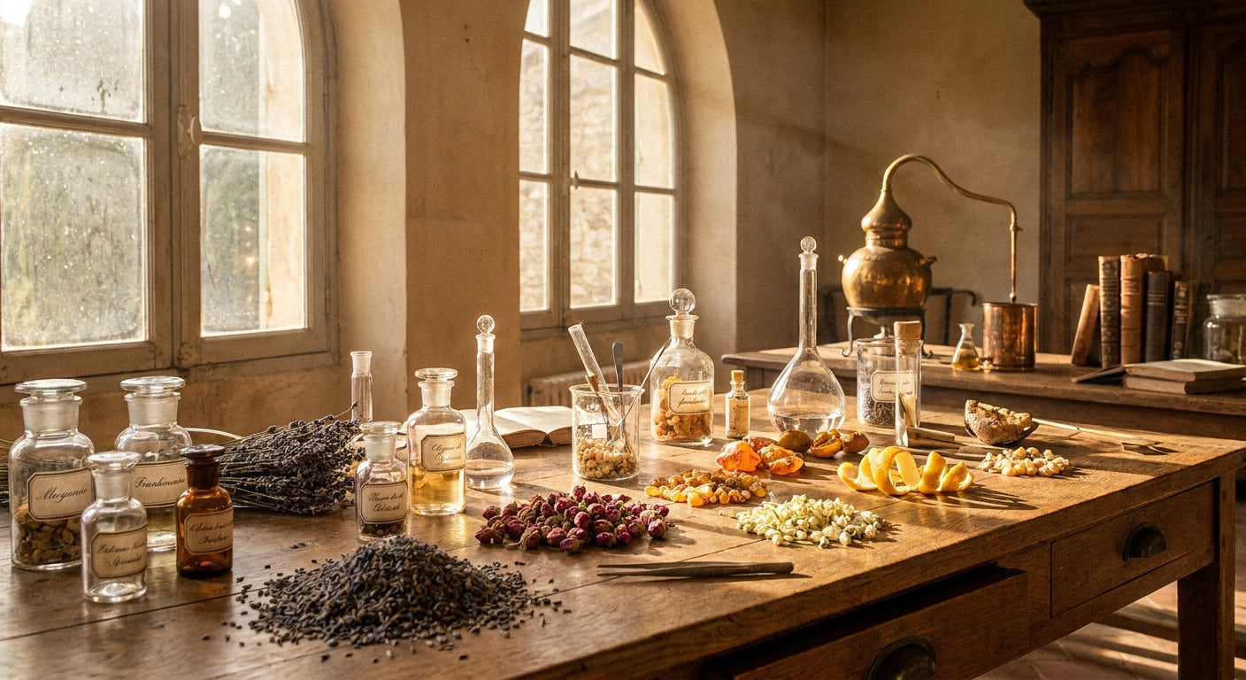 A sunlit perfumer's workbench in Grasse displaying glass vials, dried botanicals, and amber resins arranged on aged oak wood, evoking artisanal fragrance craftsmanship.