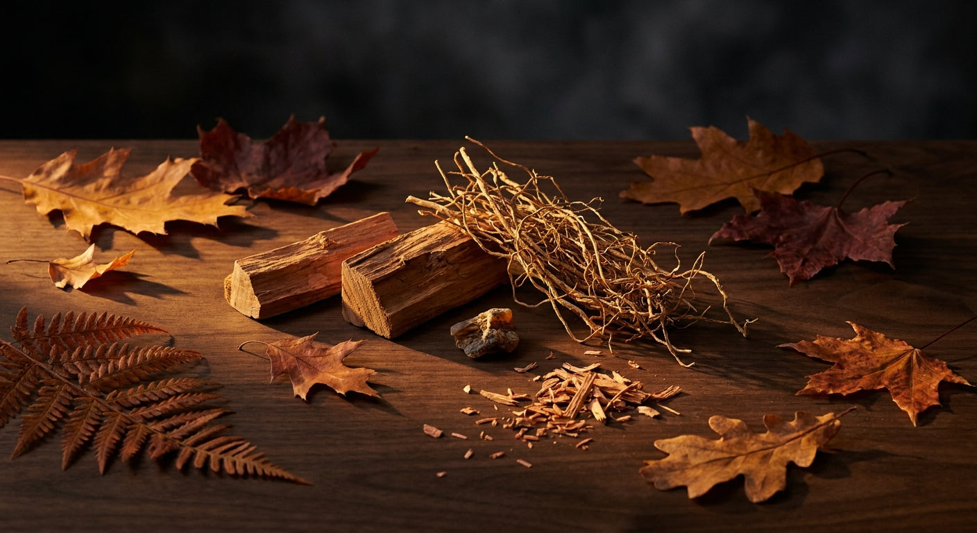 A refined flat lay of raw woody and spicy fragrance ingredients including cedarwood, vetiver, oud, and sandalwood arranged with autumn leaves on a dark walnut surface.