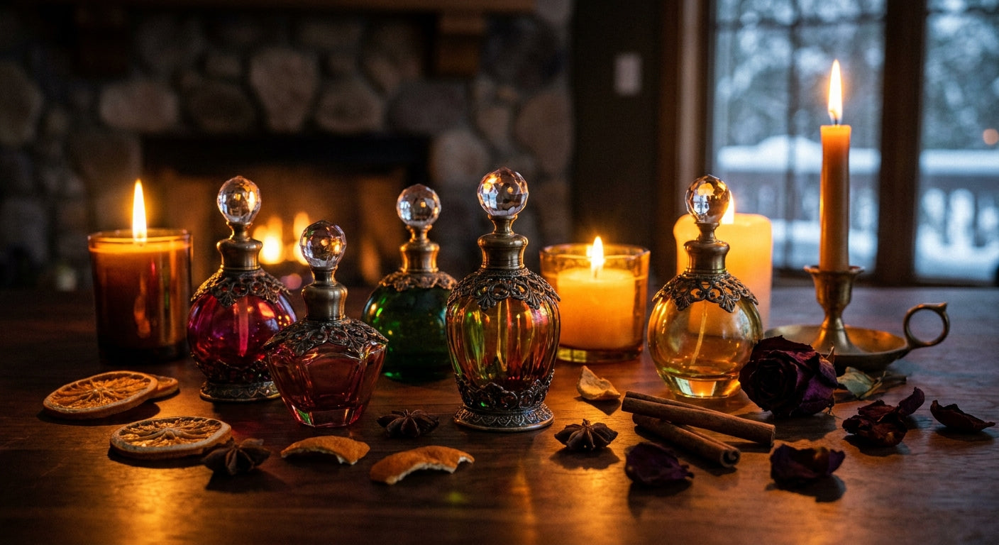 Ornate glass perfume bottles surrounded by warm winter spices and dried botanicals on a dark wooden surface, illuminated by soft candlelight.