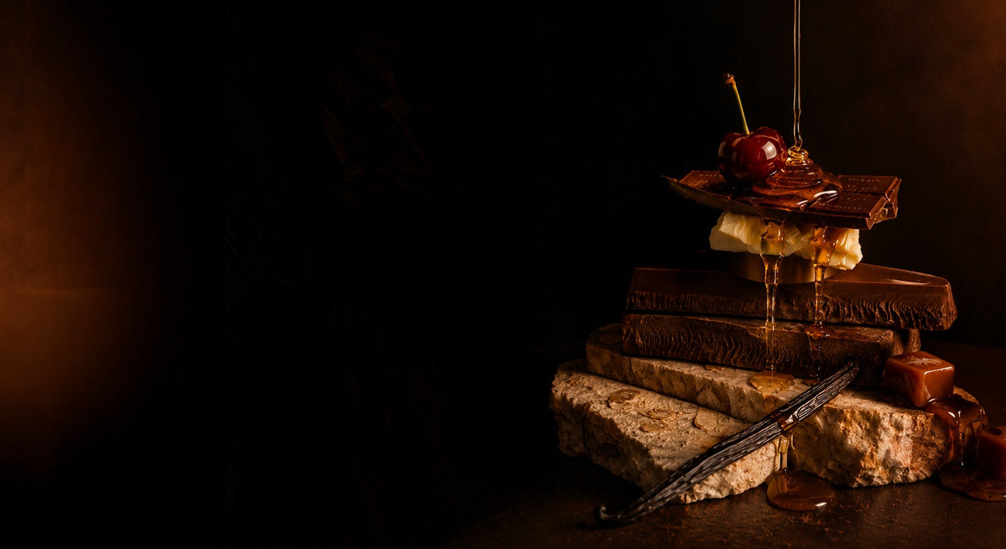 Flacon de parfum gourmand vanille et praliné sur fond sombre, illustration de l'article sur les parfums qui ressemblent à La Vie Est Belle