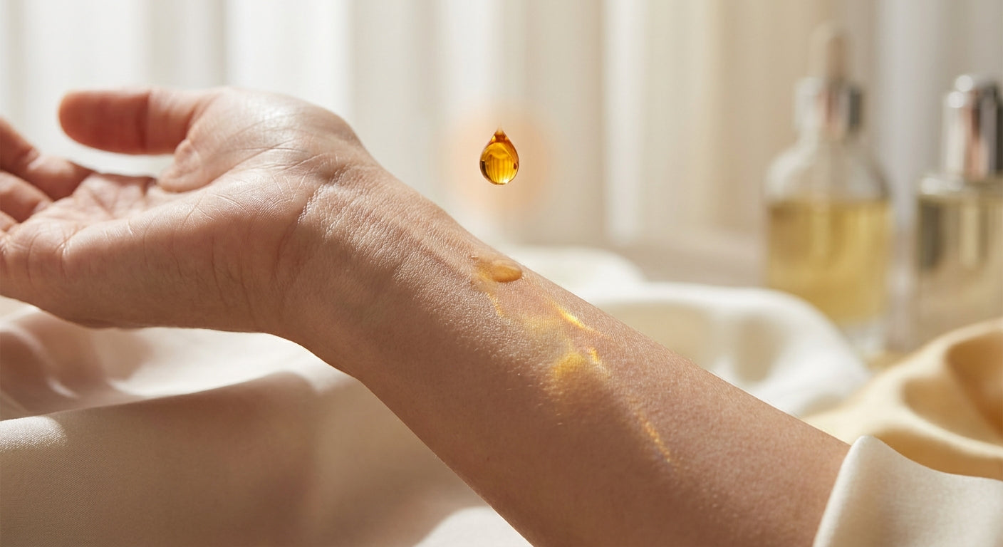 A close-up of a woman's wrist with a glistening drop of amber perfume oil falling onto bare skin, bathed in warm, diffused golden light.