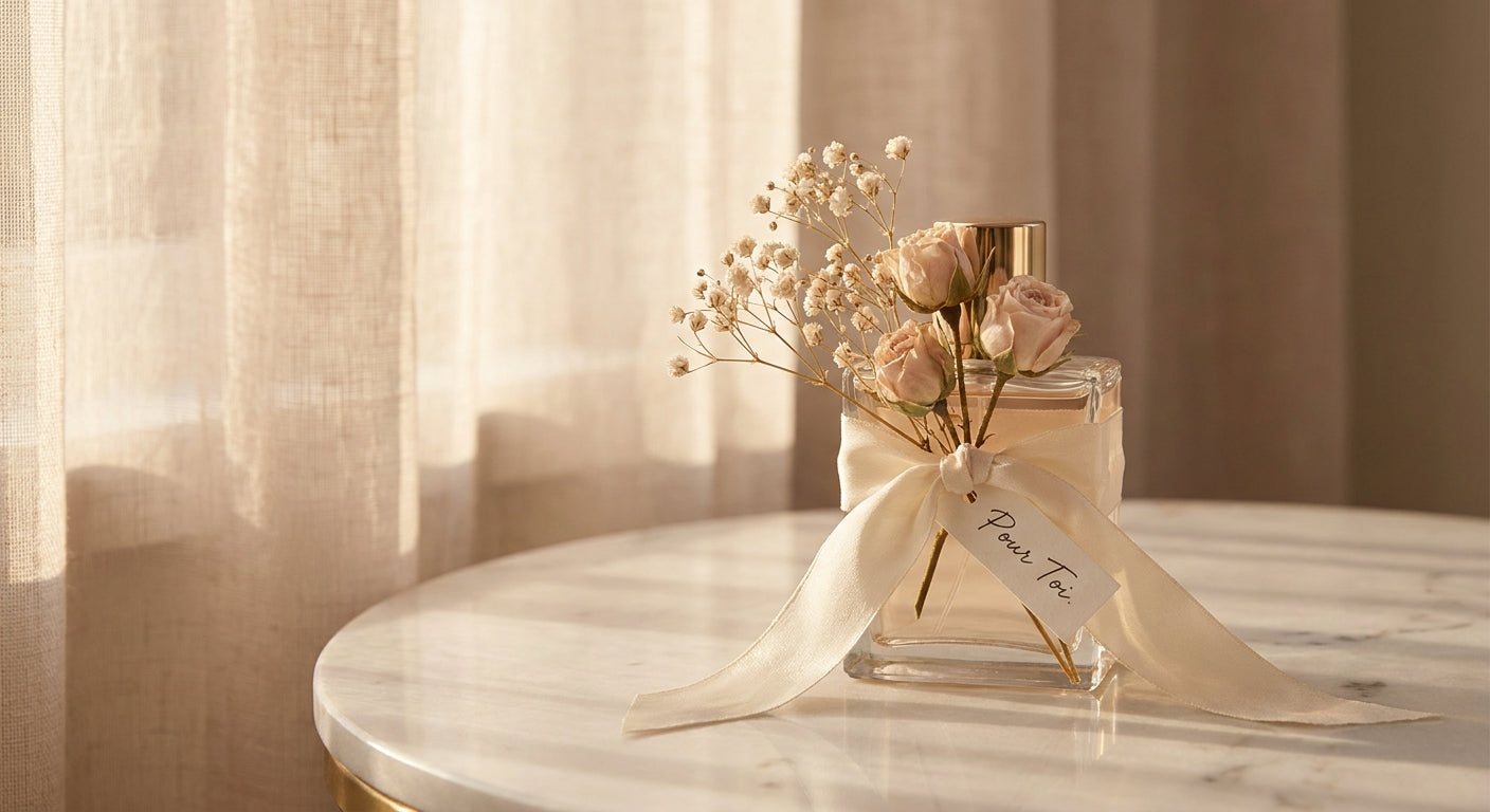 An elegantly wrapped perfume bottle on a marble surface with a dried flower sprig and silk ribbon in warm golden light.