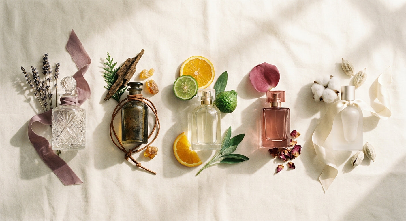 Five elegant perfume bottles arranged on ivory linen, each surrounded by distinct botanical ingredients representing different fragrance families and personalities.