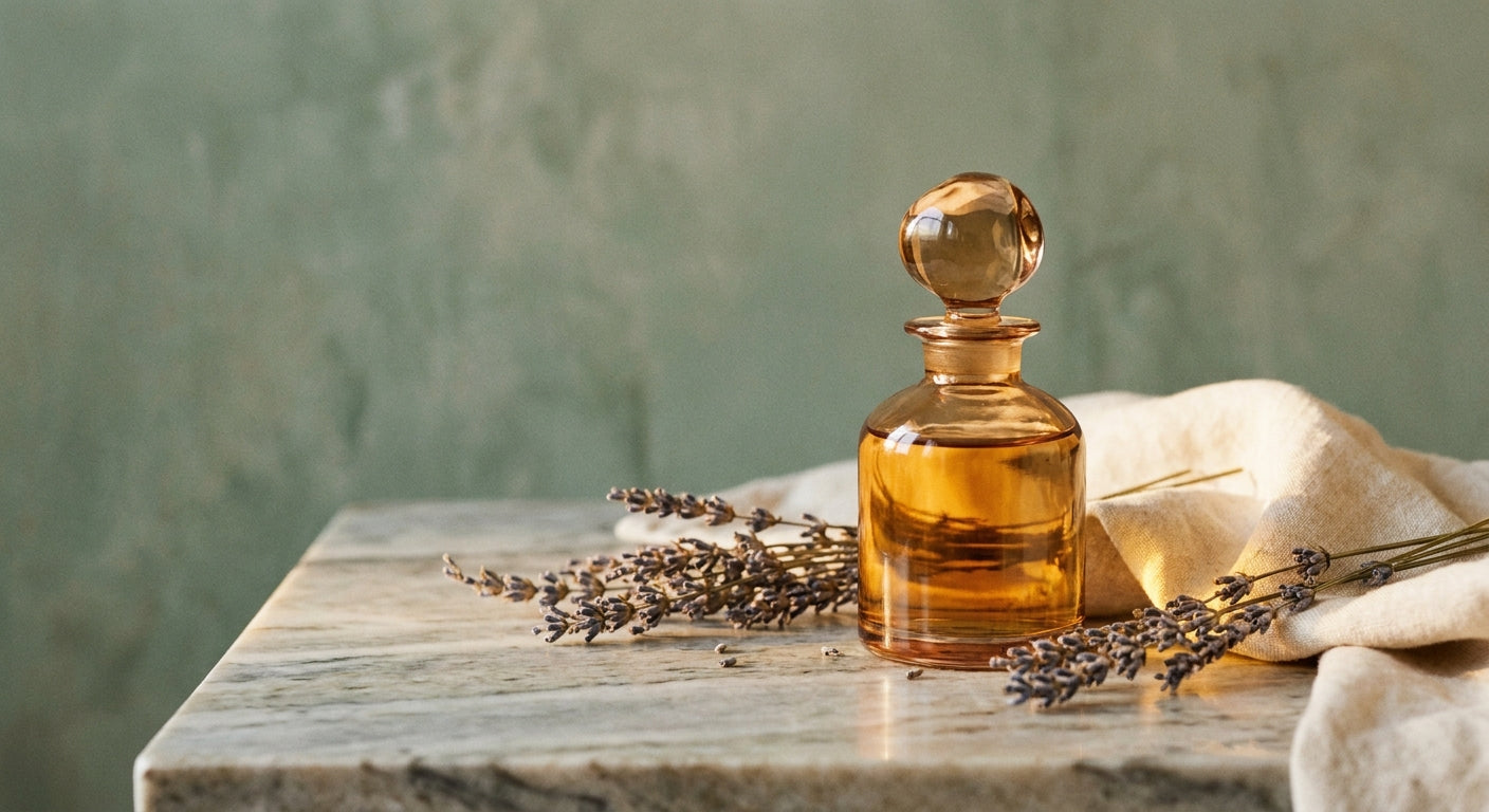 An amber glass perfume bottle with a glass stopper resting on a marble surface beside dried lavender sprigs and a linen cloth, bathed in soft natural light.
