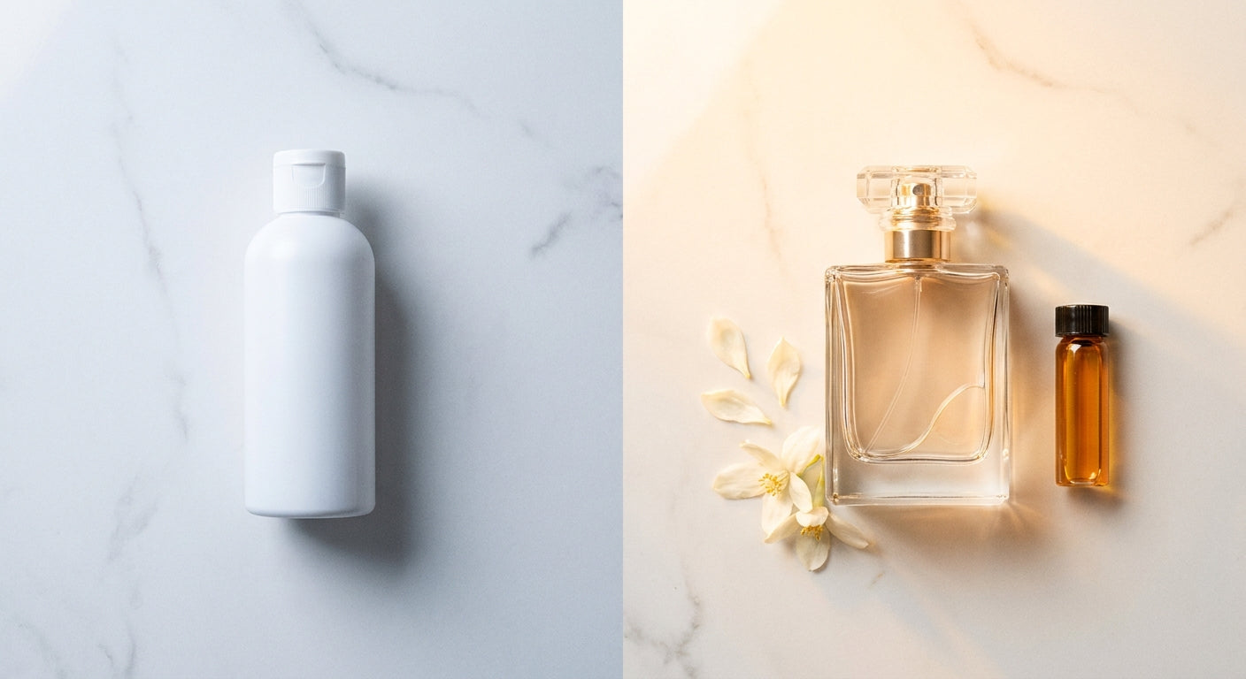 A side-by-side editorial flatlay comparing a plain generic perfume bottle in shadow with an elegant glass perfume flacon surrounded by jasmine petals and raw ingredient vials on white marble.