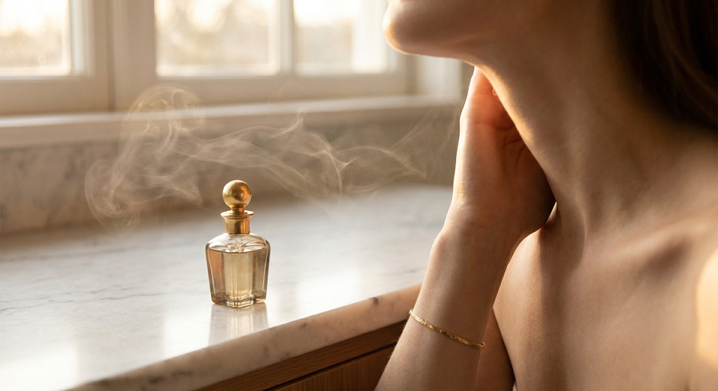 A woman's wrist and neck bathed in golden light beside an elegant glass perfume bottle on white marble, with delicate mist suggesting the art of fragrance application.