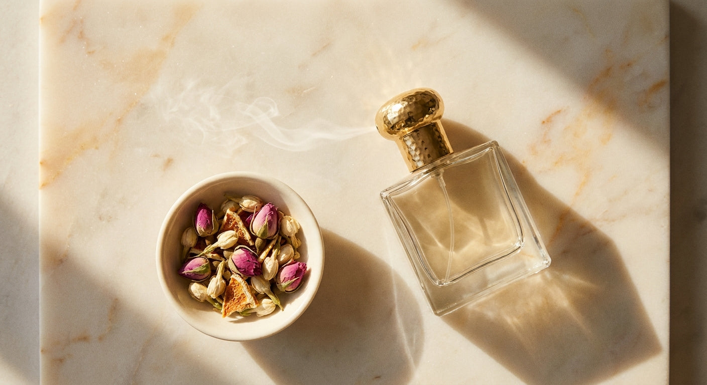 An elegant perfume bottle resting on a marble surface surrounded by dried botanicals, bathed in warm natural light with a soft mist diffusing into the air.