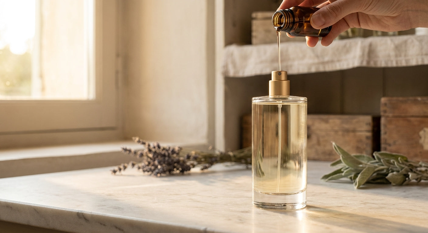 A refillable crystal perfume bottle being filled with amber fragrance on a marble surface, bathed in warm golden light with a soft Provençal backdrop.