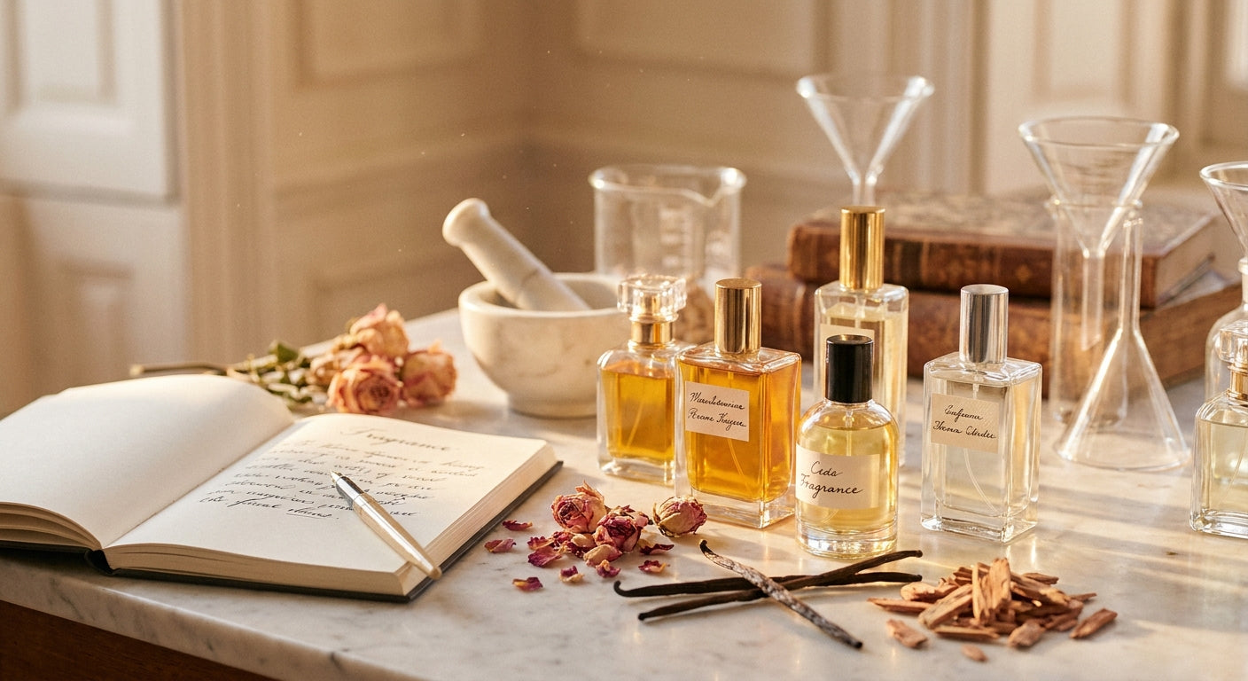 An elegant perfumer's workspace with glass fragrance bottles, botanical ingredients, and an open notebook arranged on a marble surface in warm golden light.