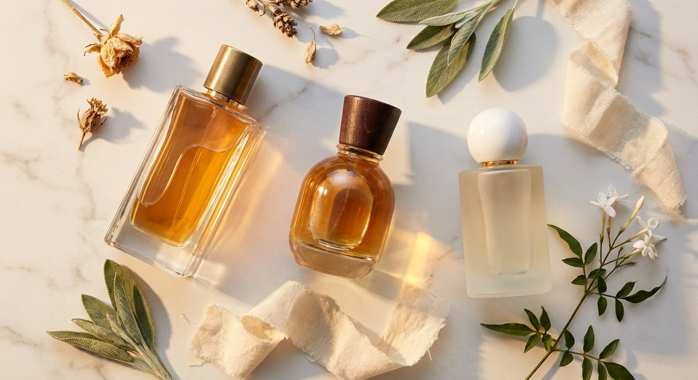 Three elegant perfume bottles arranged on white marble with dried botanicals and soft golden light, evoking the art of fragrance selection.