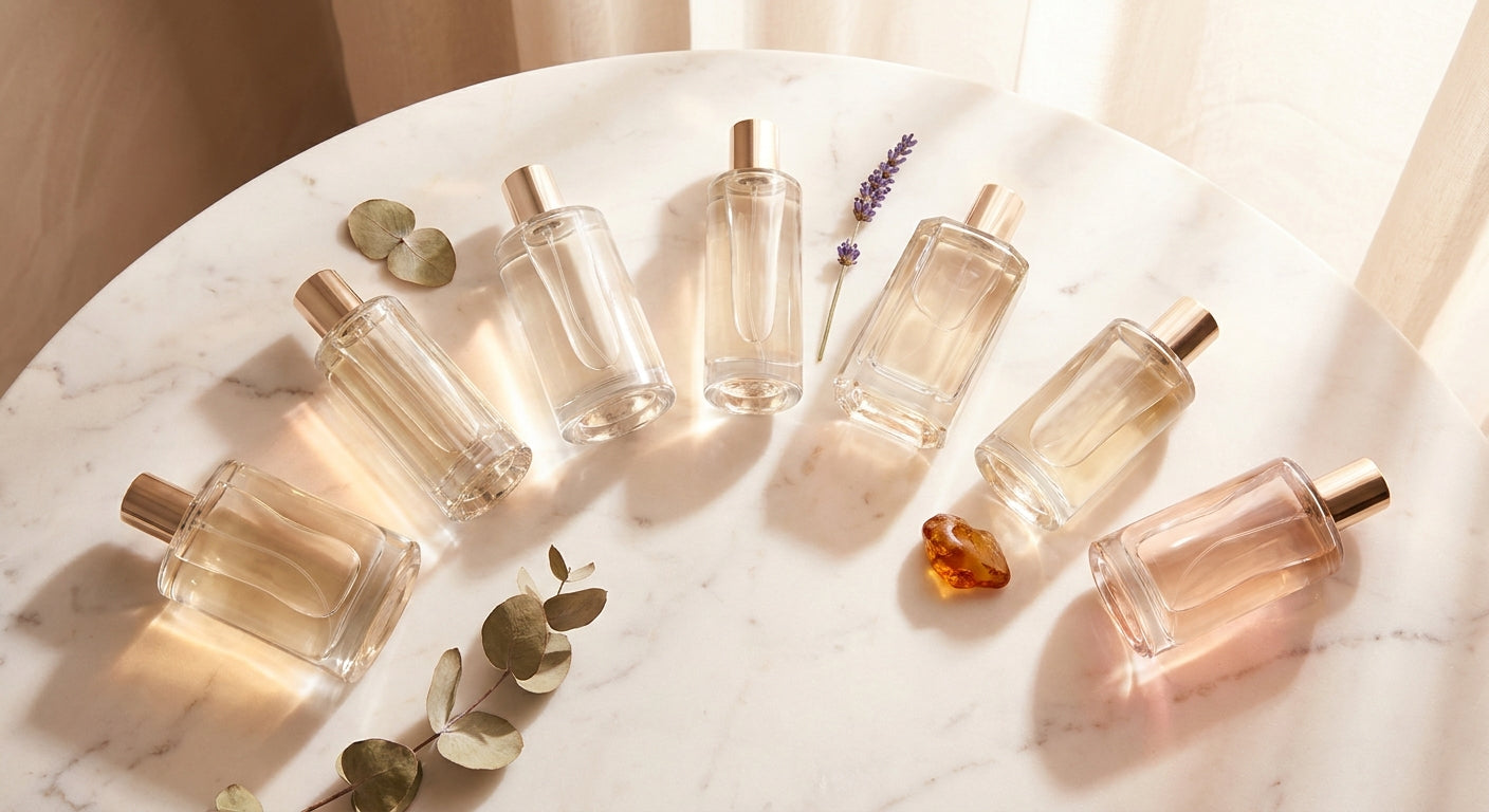 Seven elegant glass perfume bottles arranged in an arc on white marble, surrounded by delicate botanicals and warm golden light.