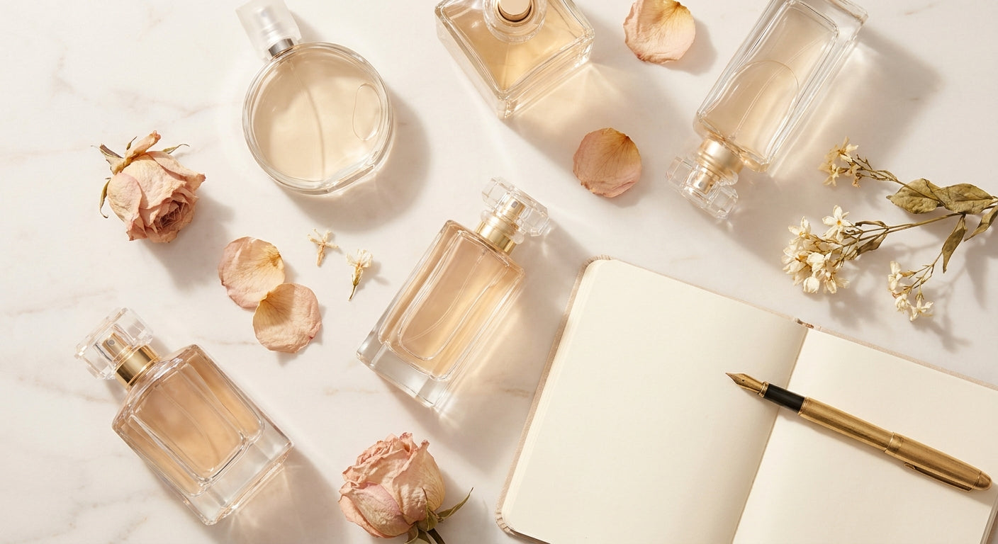 An elegant flat lay of glass perfume bottles, dried botanicals, and a fountain pen on a pale marble surface bathed in soft natural light.