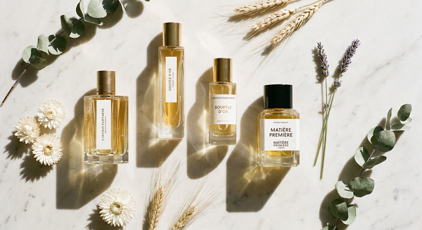 Several elegant glass perfume bottles arranged on a marble surface with golden light reflections and scattered dried botanicals, evoking refined French perfumery.