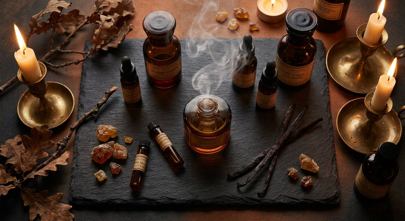 A luxurious winter flat-lay of amber perfume bottles surrounded by wood, resin, and vanilla pods in warm candlelight.