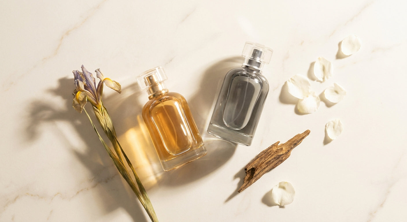 Two elegant perfume bottles in amber and grey tones resting on marble, surrounded by raw fragrance ingredients including dried flowers and wood, bathed in soft golden light.