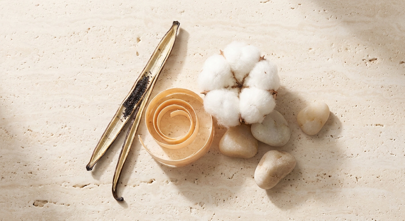 A minimalist editorial flat lay of a split vanilla pod, pale wood shaving, and soft white cotton blossoms on a stone surface, bathed in warm natural light.