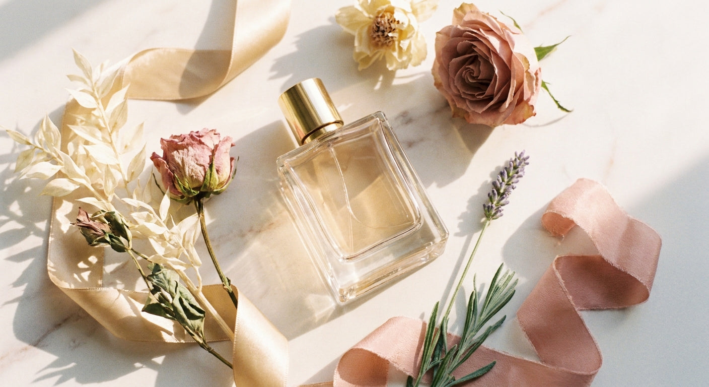 An elegant flat lay of an artisanal perfume bottle surrounded by dried botanicals and ribbon on a marble surface, bathed in soft warm light.