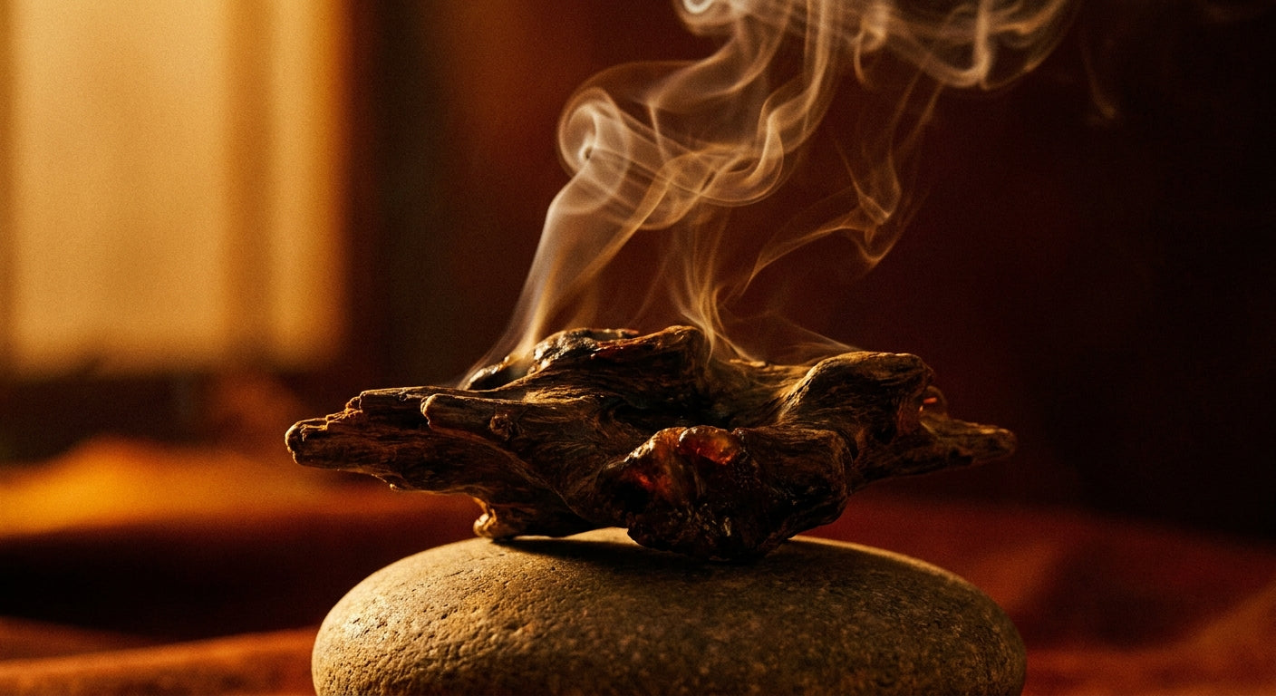 A dark piece of agarwood resin on a stone surface with delicate smoke rising in warm golden light, evoking the rare and precious nature of oud.