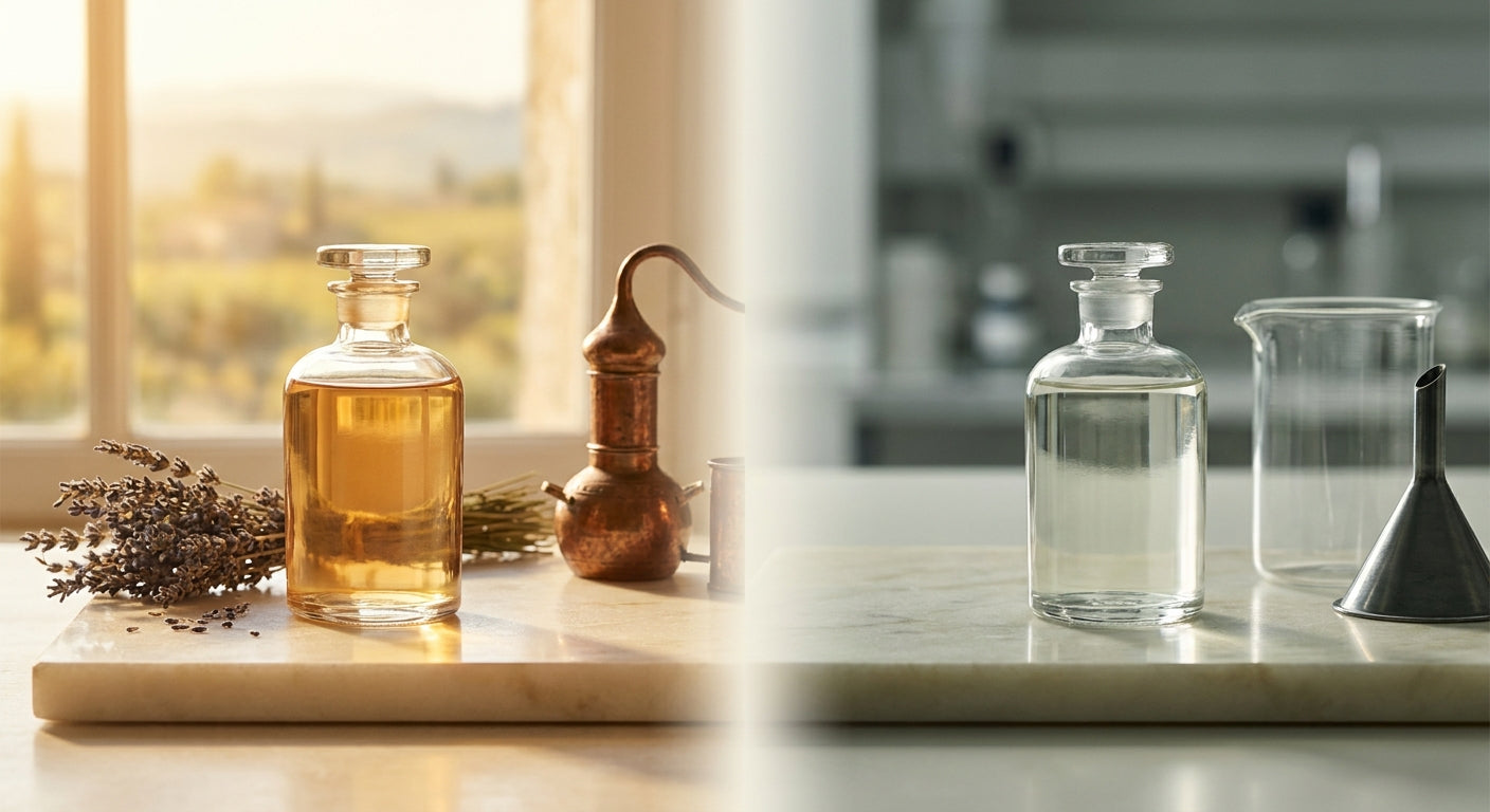 Two elegant glass perfume bottles on a marble surface, one illuminated by warm golden light beside lavender and a copper distillation vessel, the other in cool shadow, symbolizing the contrast between French artisanal perfumery and foreign production.