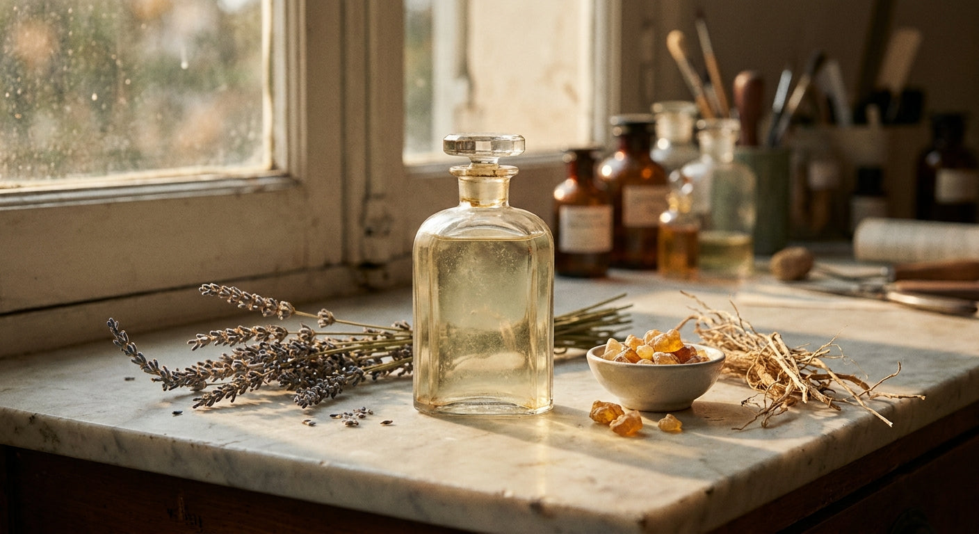 A glass perfume bottle surrounded by raw fragrance ingredients like lavender and amber resin on a marble surface in warm golden light, evoking a traditional Grasse perfumer's workshop.