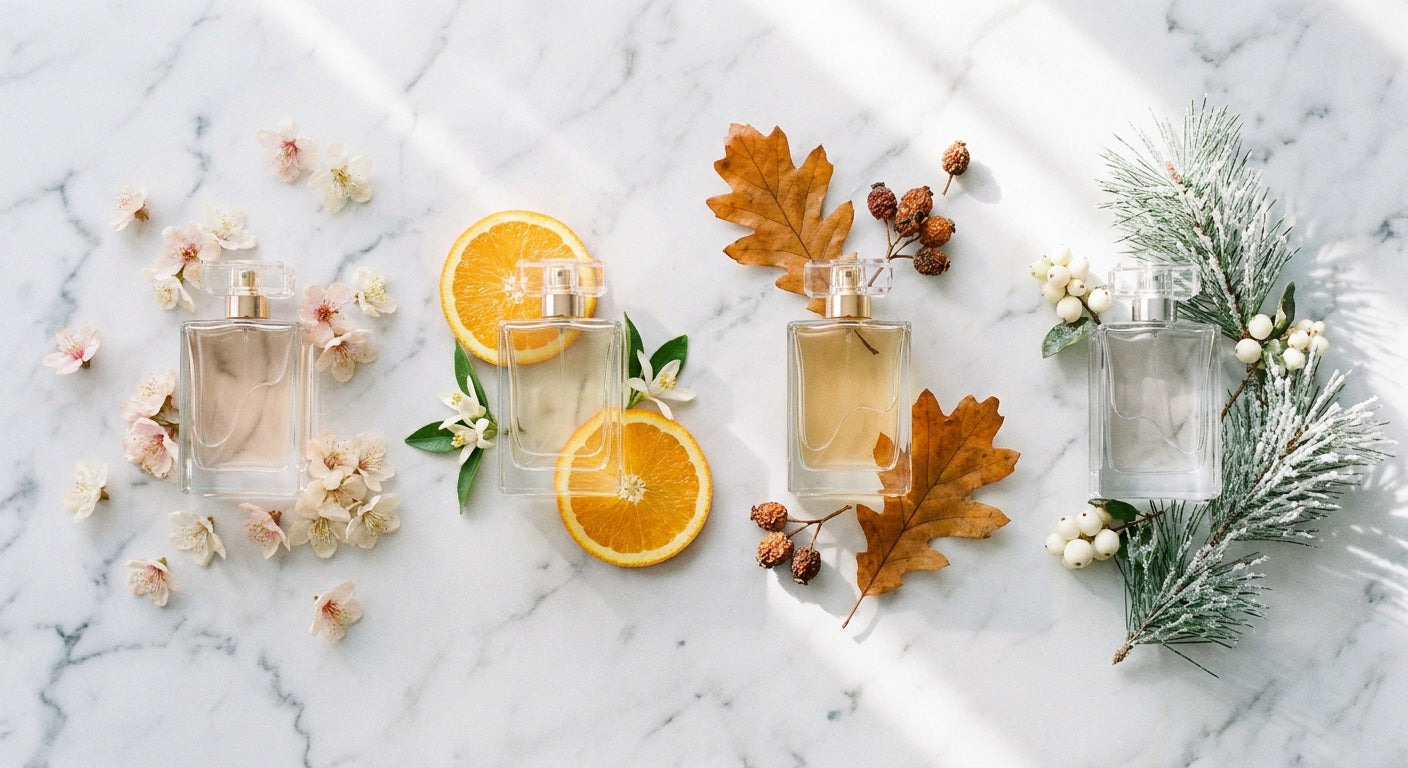 Four elegant perfume bottles arranged on marble with seasonal botanical elements representing spring, summer, autumn, and winter.
