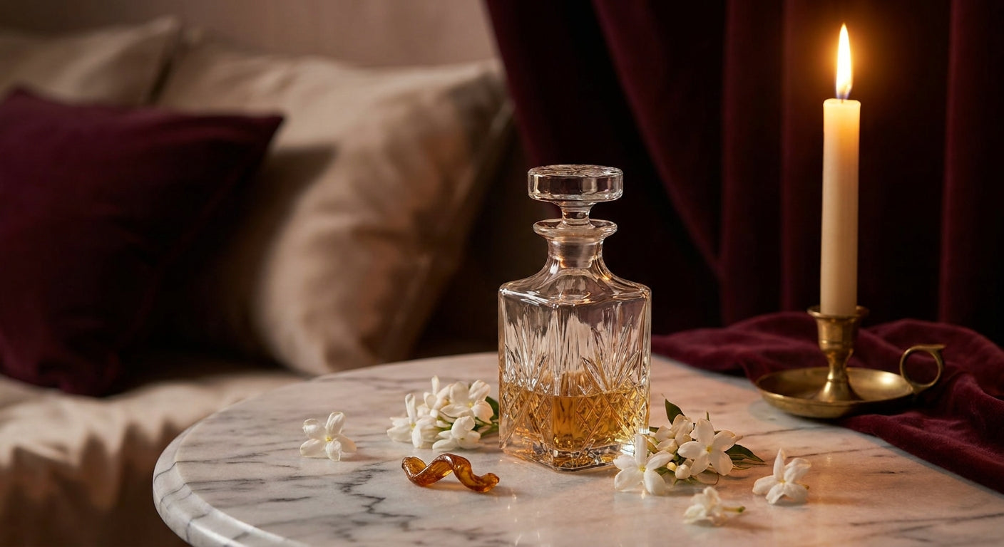 An elegant perfume bottle on a marble surface surrounded by jasmine flowers and a glowing candle, evoking a romantic and intimate atmosphere.