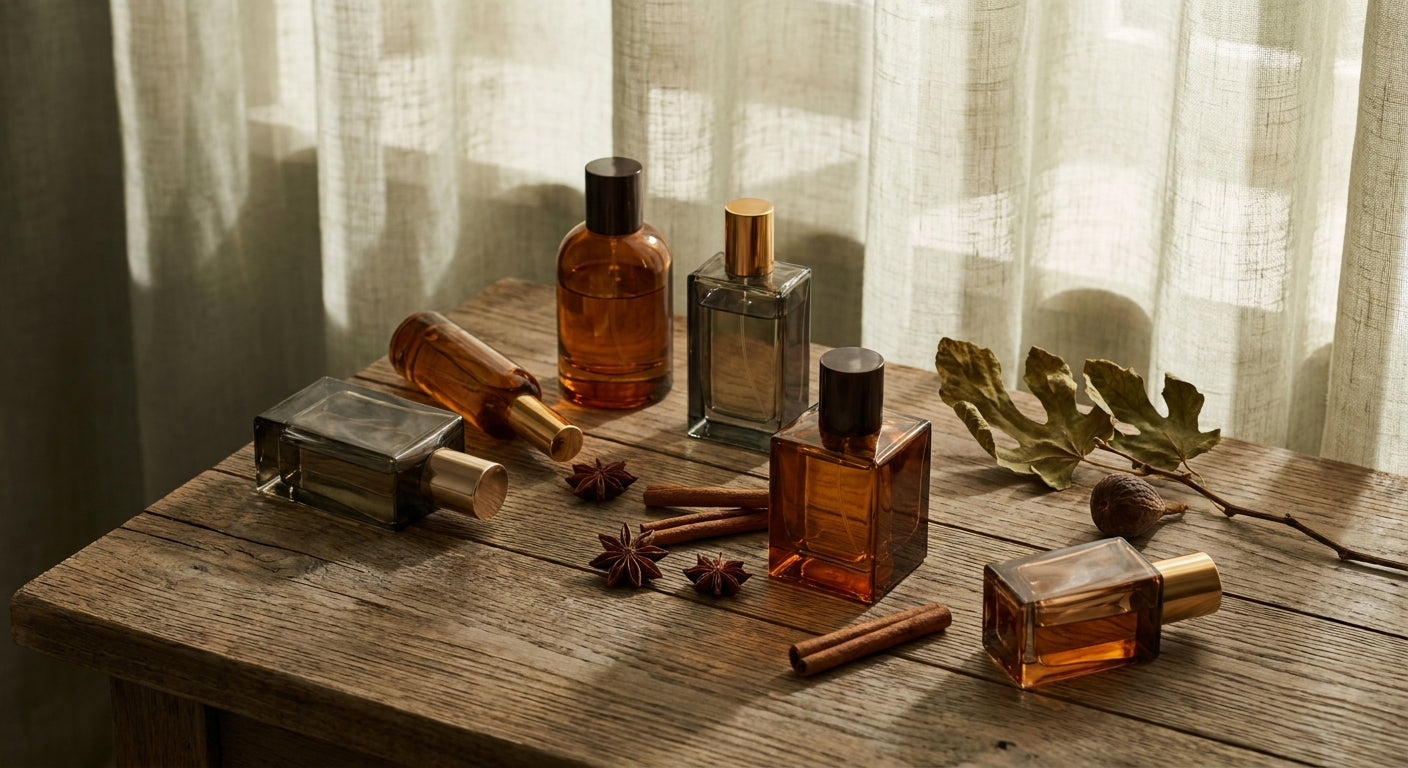 An elegant flat lay of minimalist glass perfume bottles surrounded by autumnal botanicals like cinnamon sticks and dried fig leaves, bathed in warm September light on an oak surface.