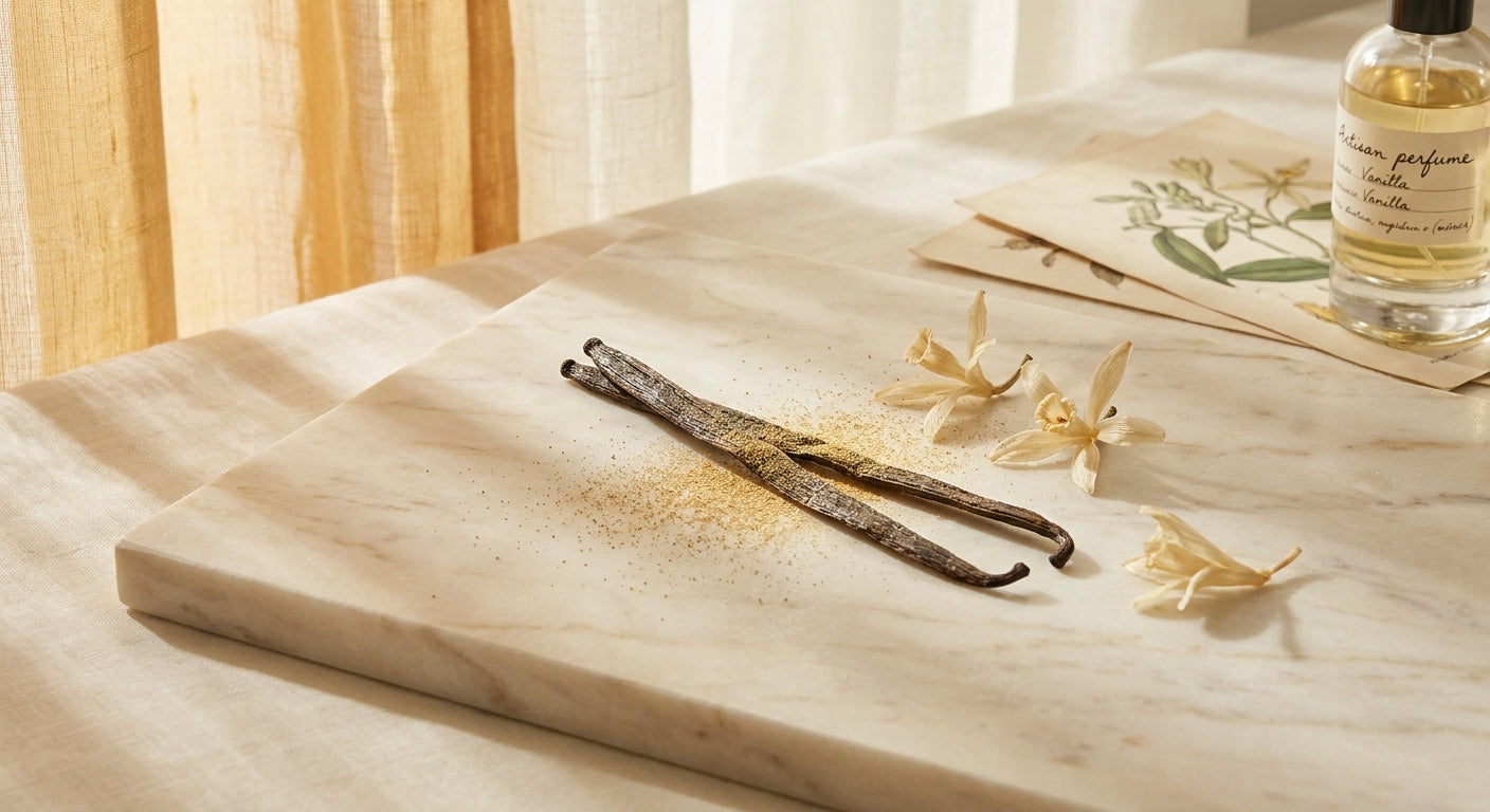 A split vanilla bean with dried flowers and golden powder arranged elegantly on a marble surface in warm, soft light.