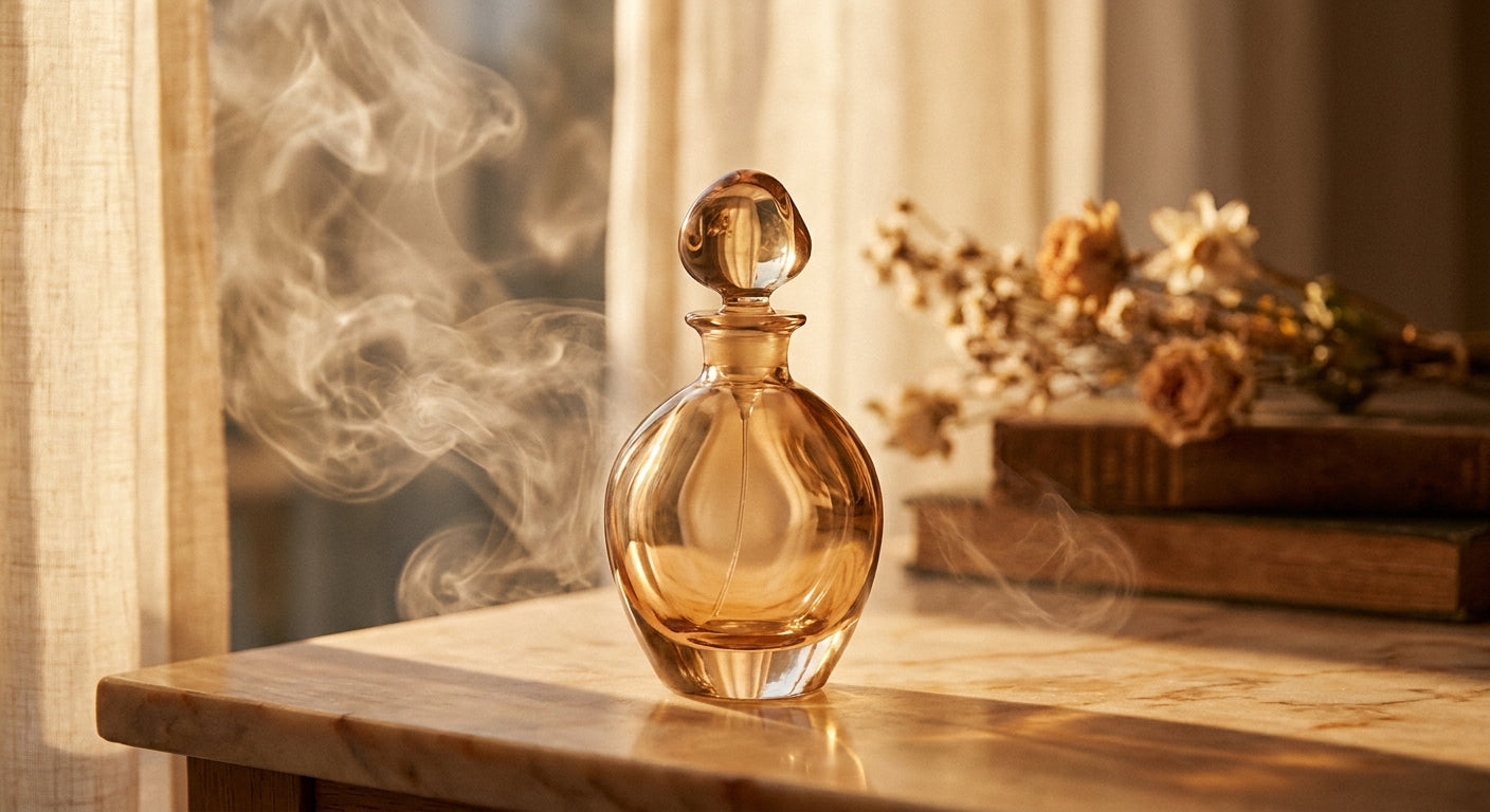 An elegant glass perfume bottle on a marble surface with soft mist rising into warm golden light, evoking the ephemeral nature of fragrance.
