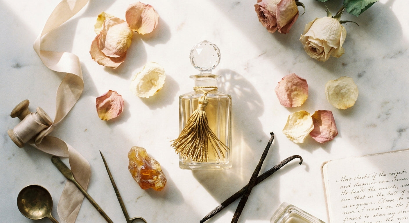 An elegant glass perfume bottle surrounded by raw fragrance ingredients including rose petals, amber resin, and a vanilla pod on a pale marble surface.
