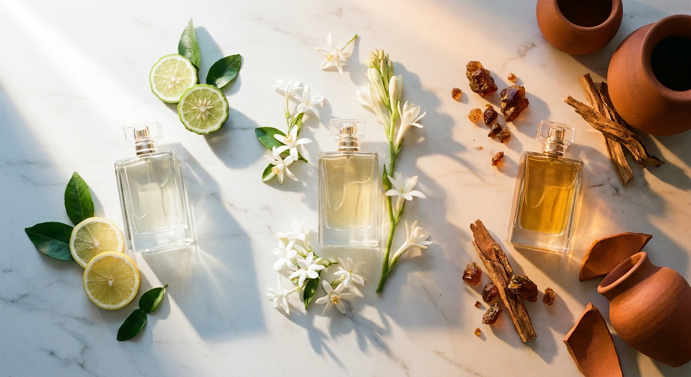 Three elegant perfume bottles arranged on marble in shifting light from cool morning to warm evening tones, surrounded by citrus, florals, and amber botanicals.