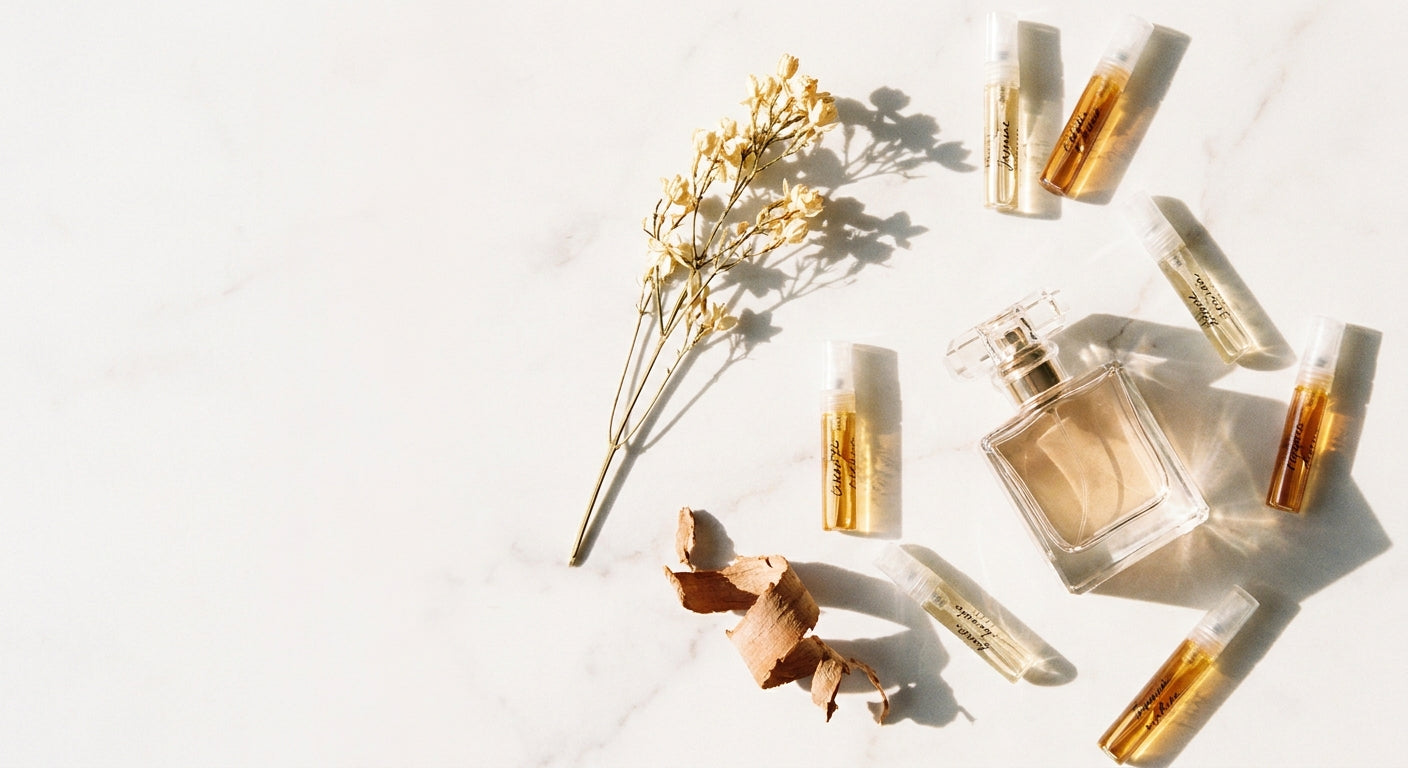 An elegant flat lay of small glass perfume sample vials and an open faceted perfume bottle surrounded by dried botanicals on a white marble surface, bathed in warm golden light.