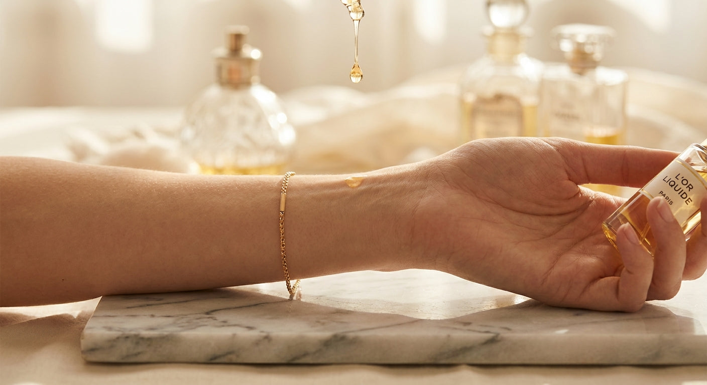 A close-up of a bare wrist on marble with a glistening drop of perfume oil suspended in the air above the skin, bathed in warm golden light.